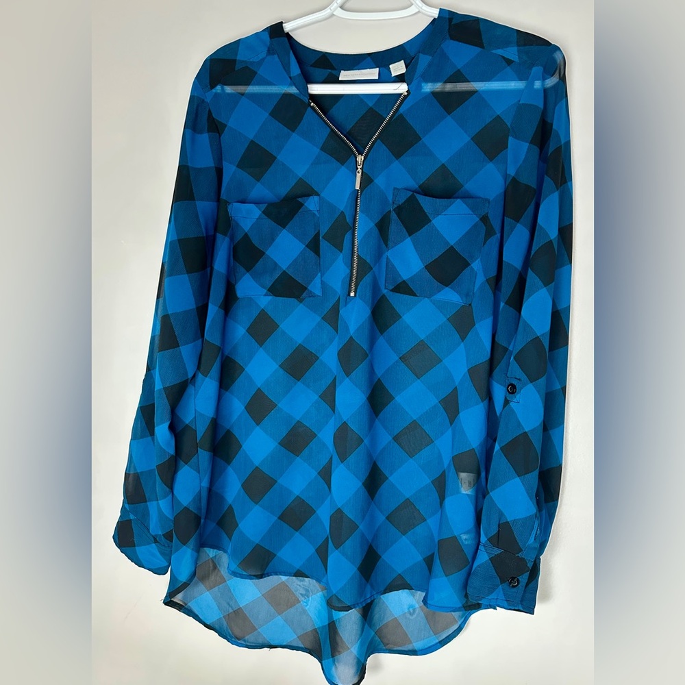 New York & Company Blue Black Buffalo Plaid Zip Front Blouse Large